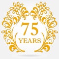 75 years anniversary icon in ornate frame with floral elements. Template for celebration and congratulation design. 75th anniversa